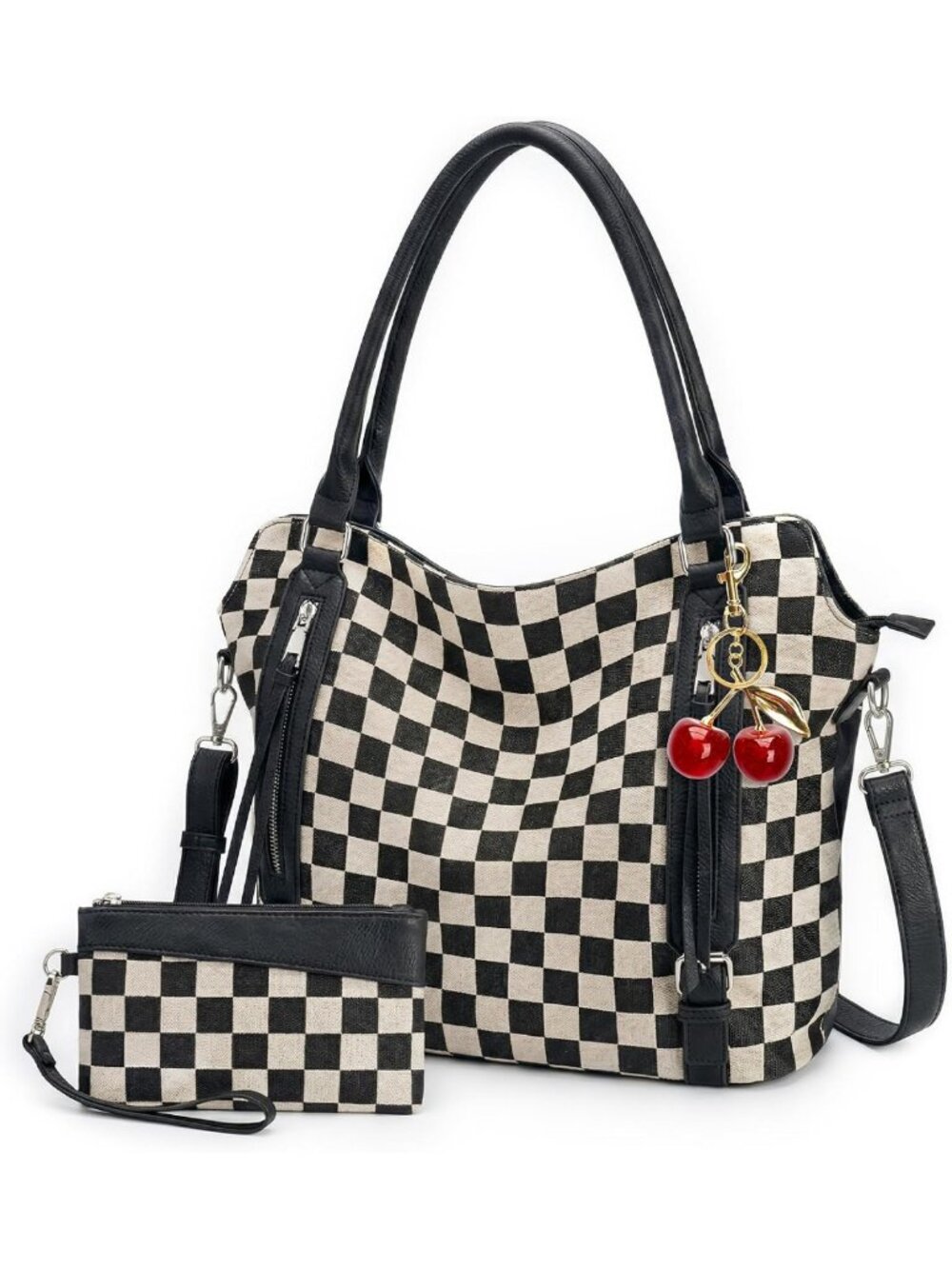 Stylish Brown Checkered Crossbody Bag with Wallet & Cherry Charm - Large